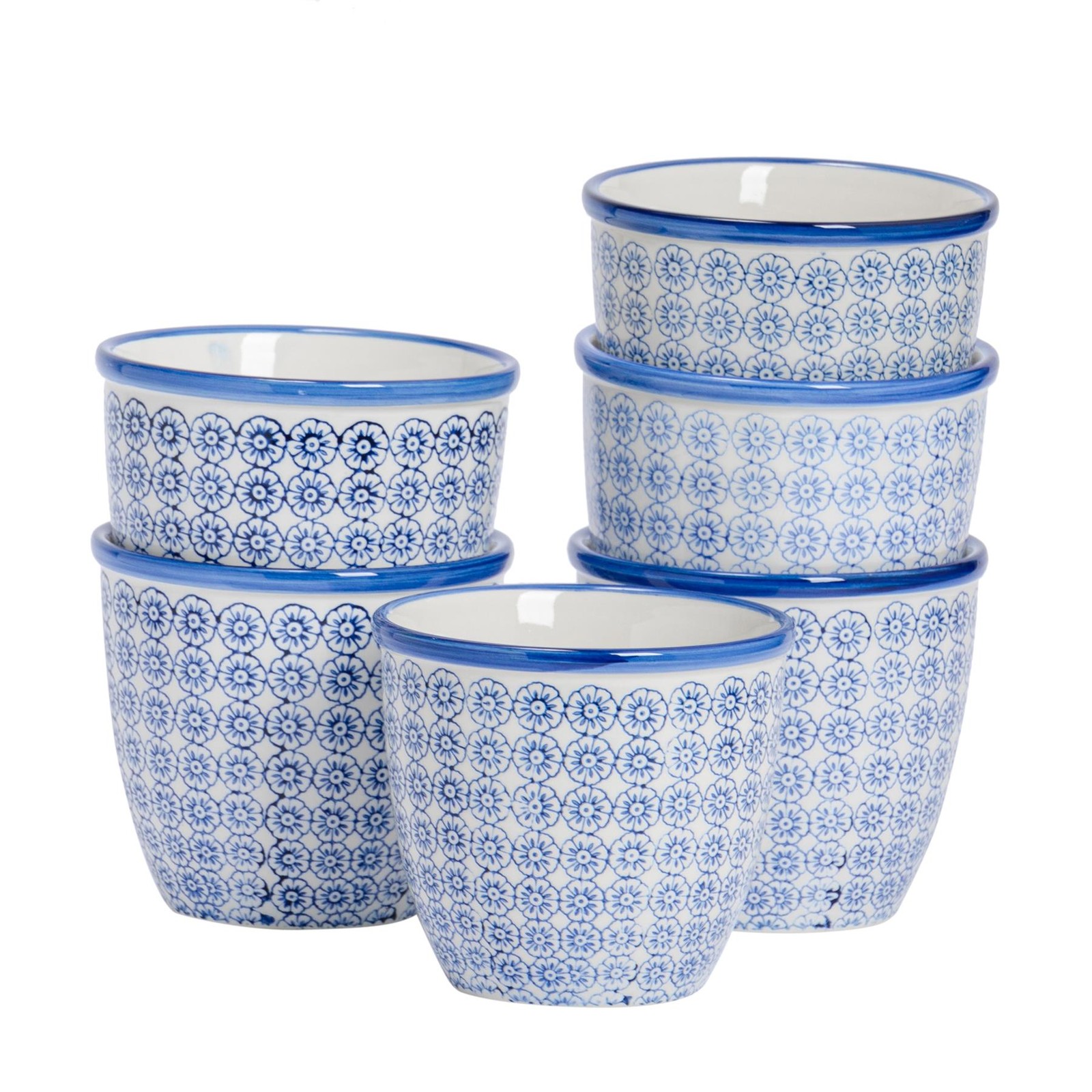 6x Hand-Printed Plant Pots Japanese Porcelain Garden Flower Planter 14cm Navy