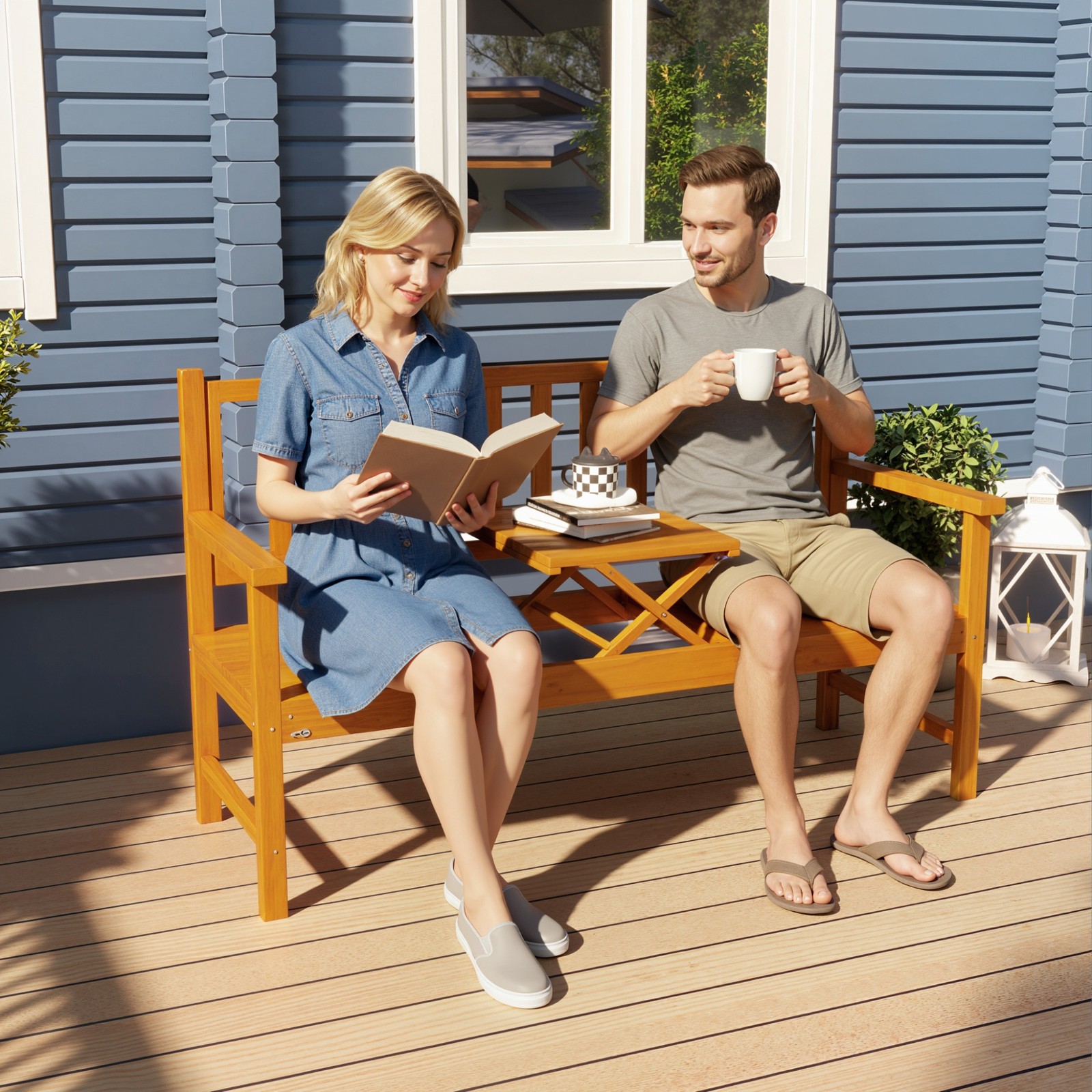 Outdoor Bench with Liftable Table 153cm Wood Garden Bench