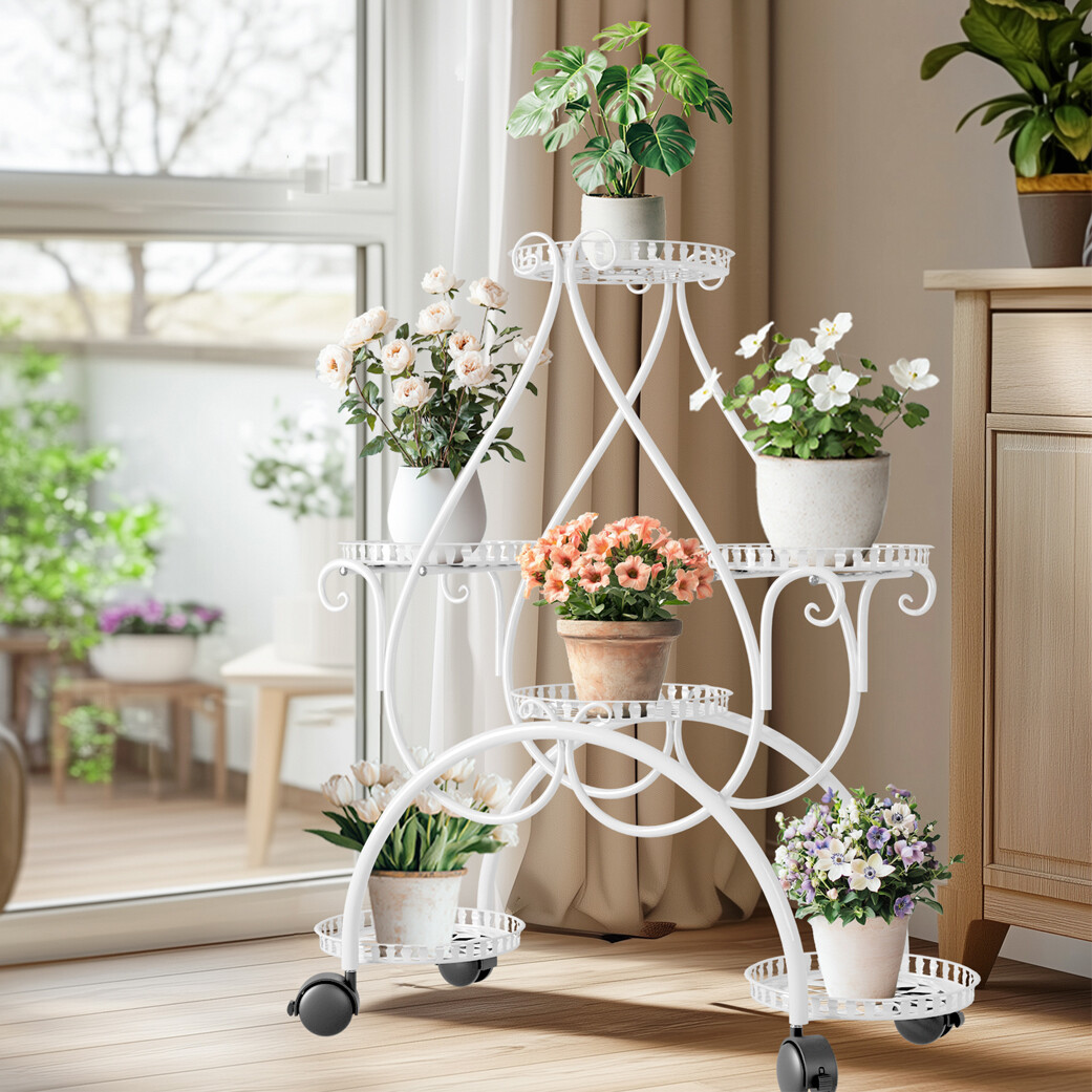 Flower Display Stand Metal Plant Stand with Wheels Heavy Moving Plant Cart Shelf