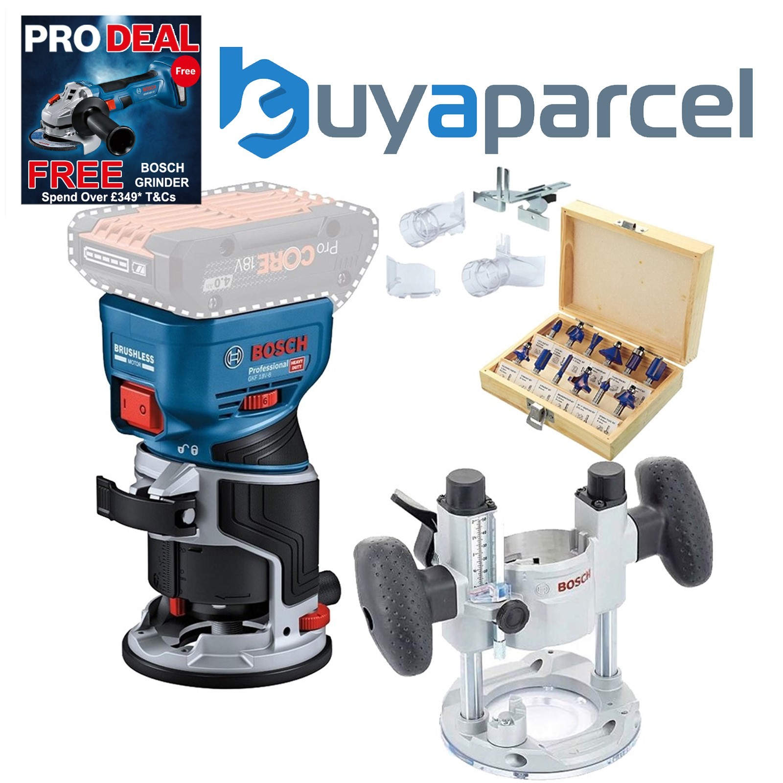 Bosch GKF 18v Brushless Cordless Palm Router Trimmer Plunge Base + 12PC Set