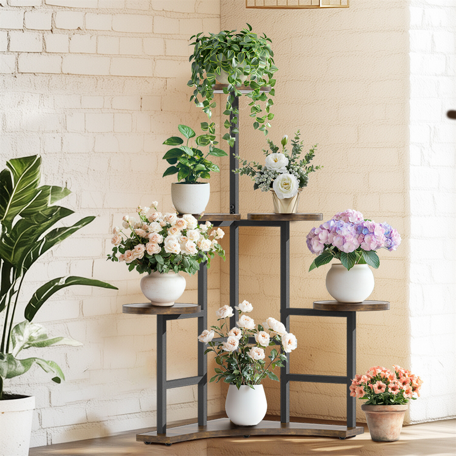 6 Tiers Corner Plant Stand Indoor Stable Wood Flower Pot Stands with Metal Frame