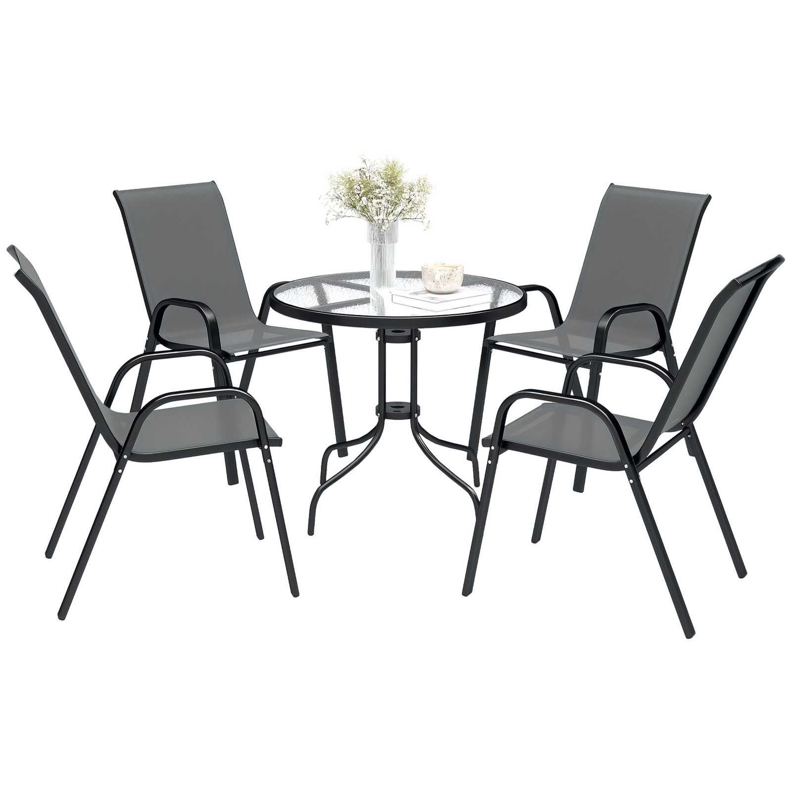 Outsunny 5 PCs Garden Furniture Set, Round Table and Stackable Chairs, Grey