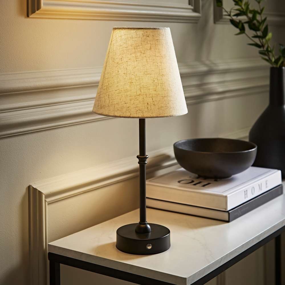 Rechargeable Portable Table Lamp Linen Shade Black Base Bedside Living Room