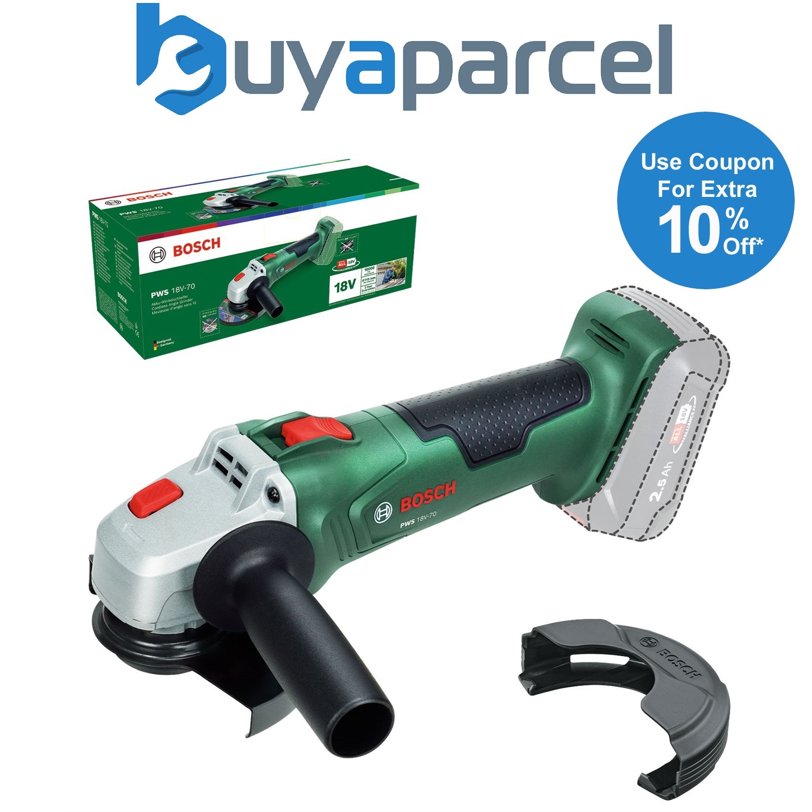 Bosch Cordless 18v 115mm Angle Grinder PWS 18V-70 Bare 06033E6000 + Guard