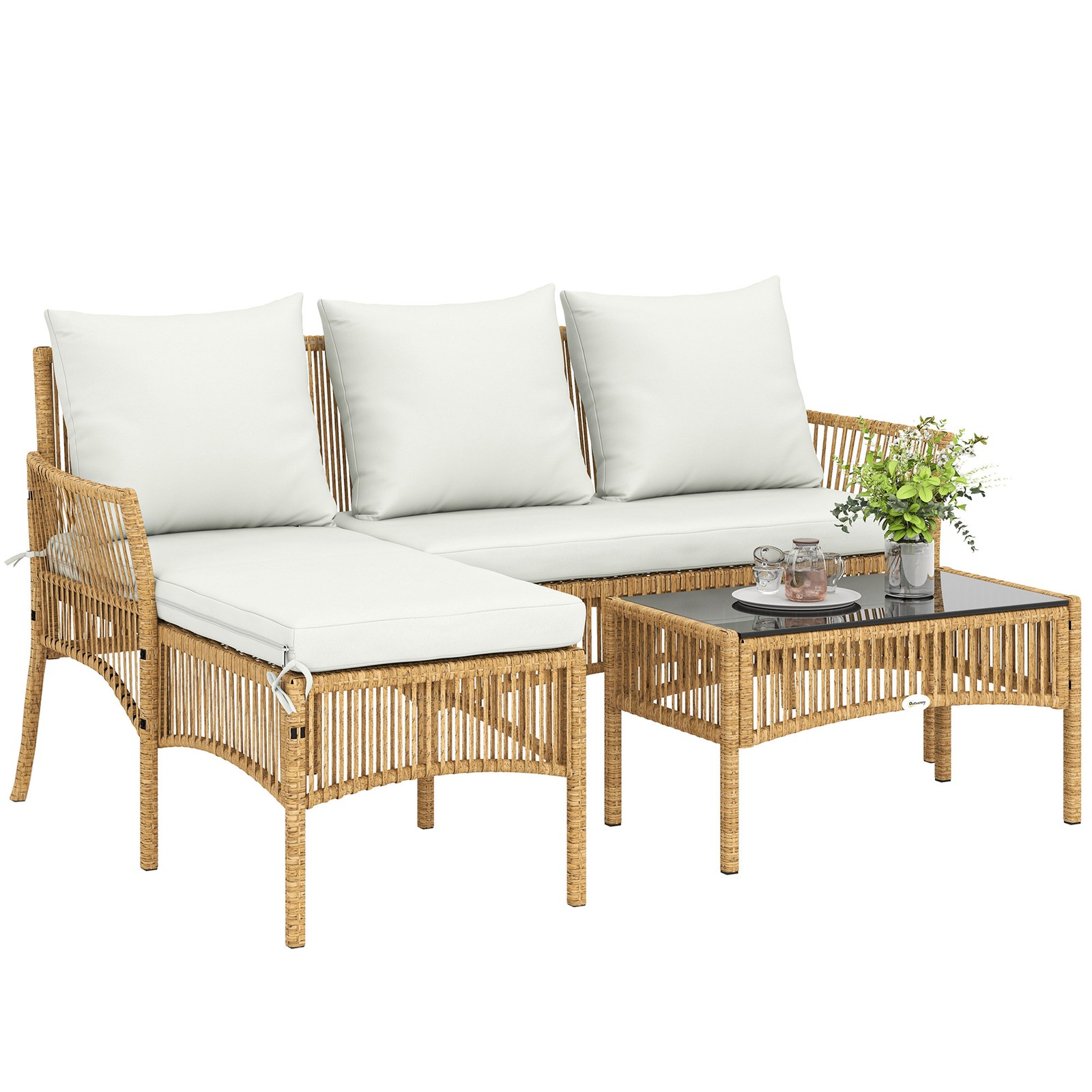 Outsunny 3 Piece Rattan Garden Furniture Set with Cushions, Natural Wood