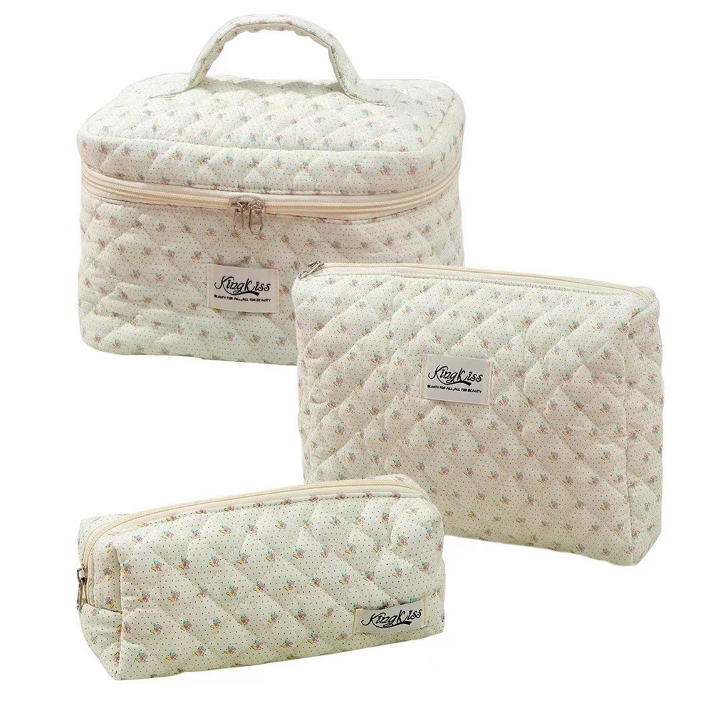 3X(Makeup Bag 3 Pcs Cotton Quilted Makeup Bag Aesthetic Floral Toiletry9611