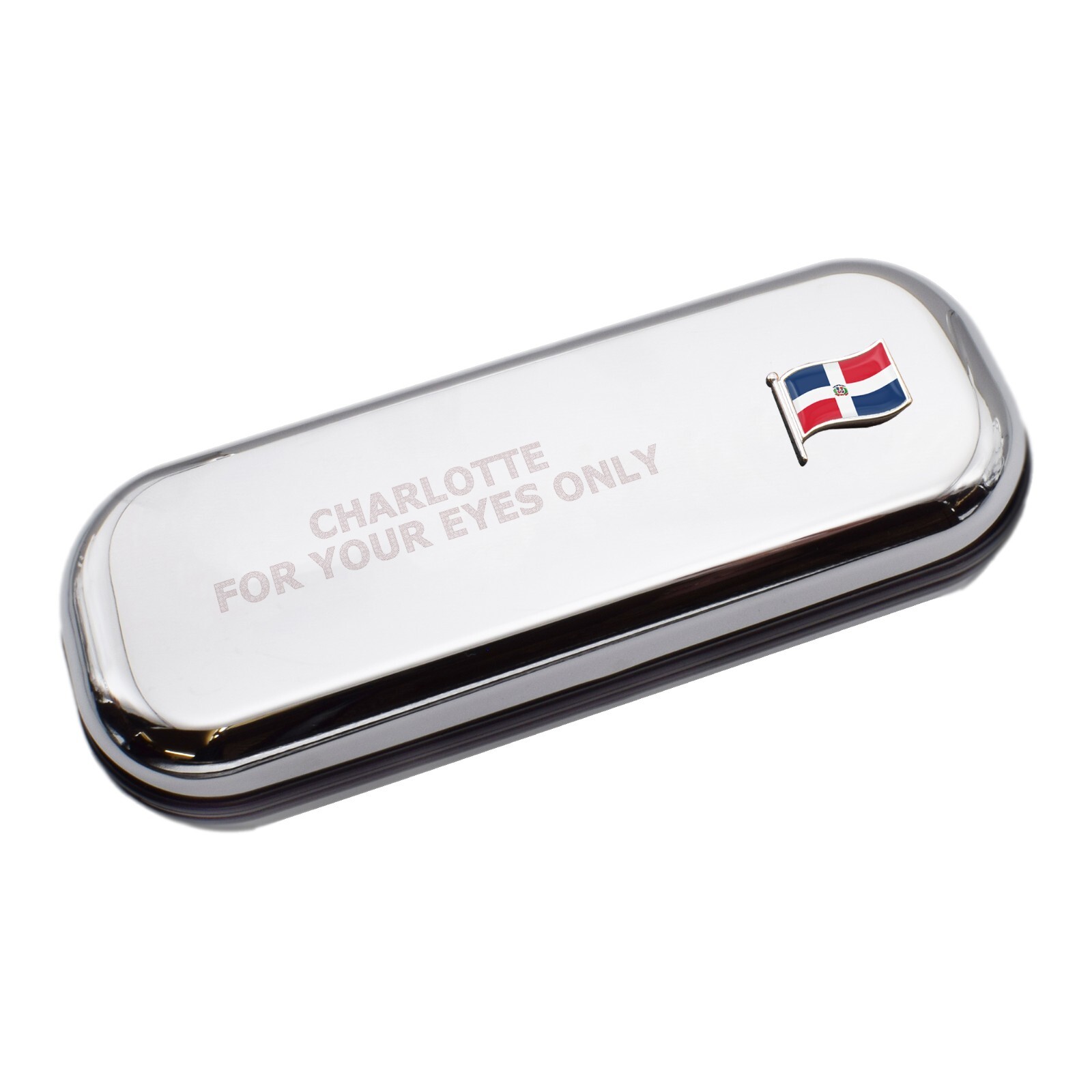 Dominican Republic Wave Flag & Engraved With Message Chromed Glasses Case Box