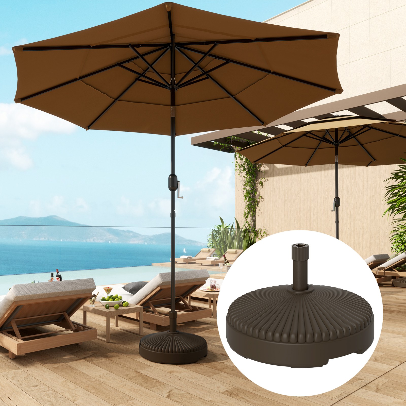 Garden Umbrella Base, 28kg Sand Filled, 23kg Water Filled, Parasol Stand, Brown
