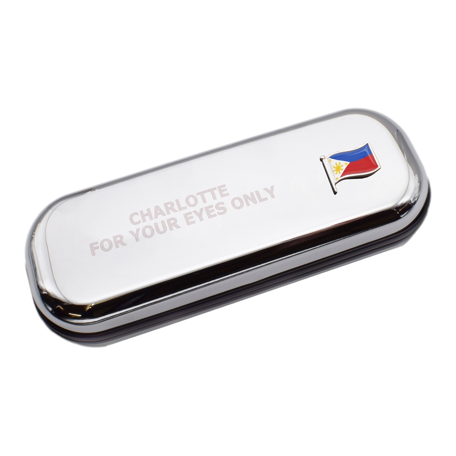 Philippines Wave Flag & Engraved With Message Chromed Glasses Case Box