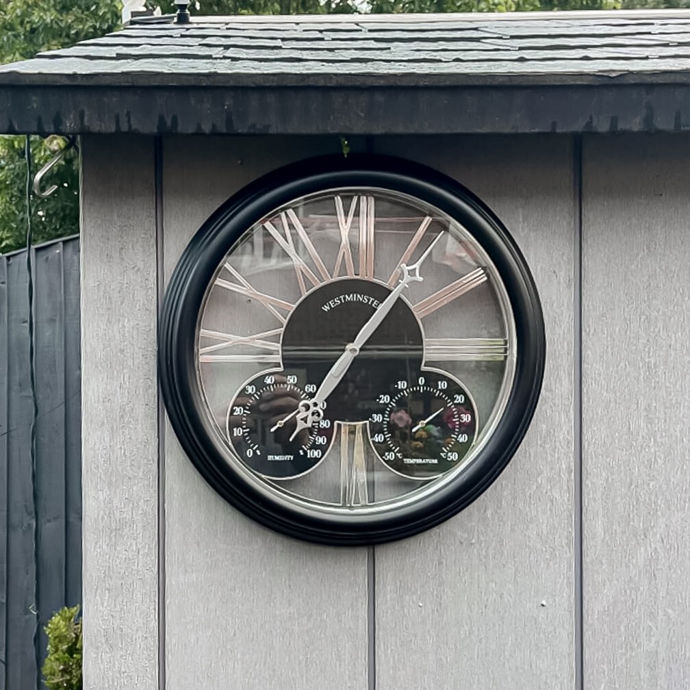 Large Garden Wall Clock Battery Operated Quartz Round Thermometer Hygrometer 14'