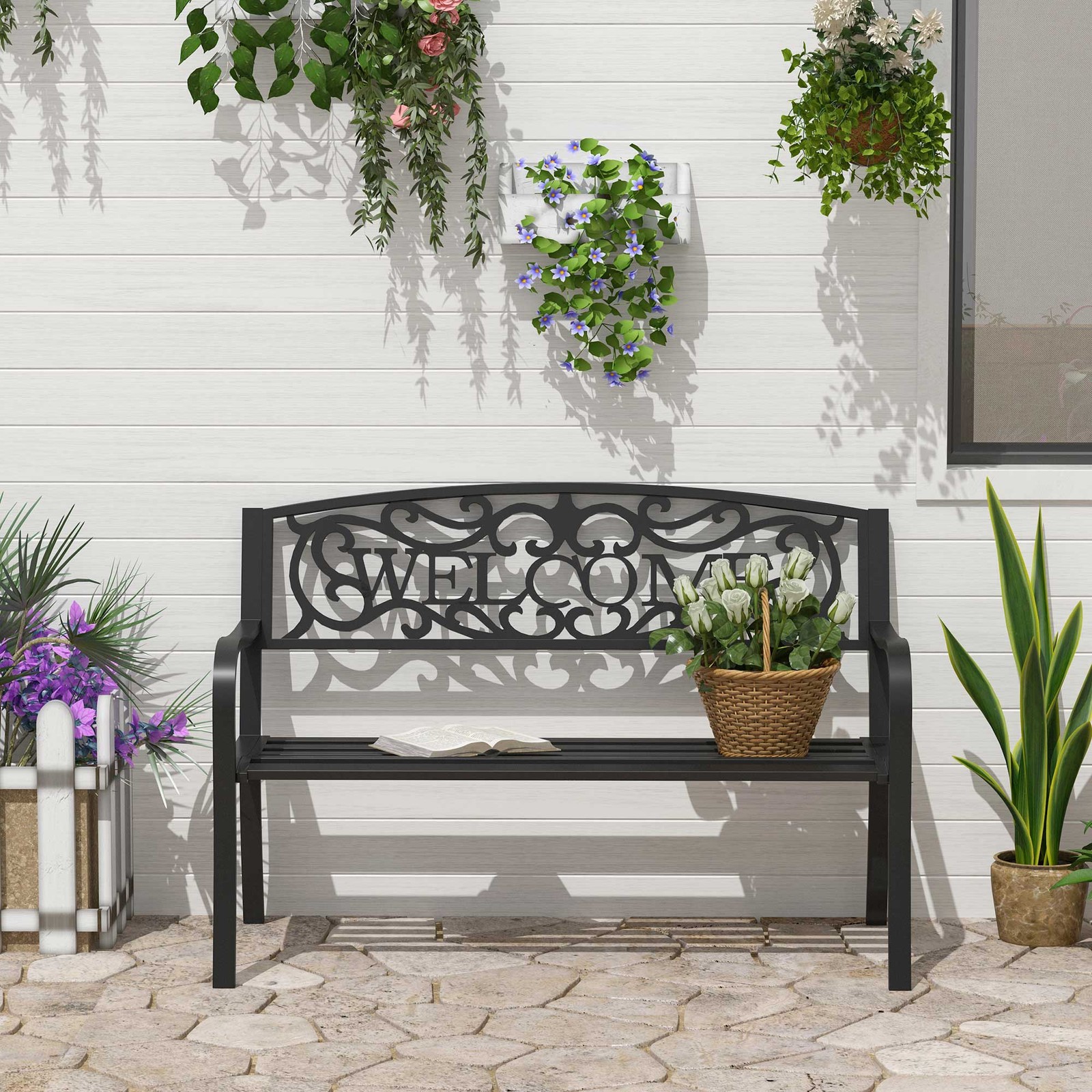 2 Seater Metal Garden Bench Loveseat Outdoor Park Porch Chair w/ Backrest Black