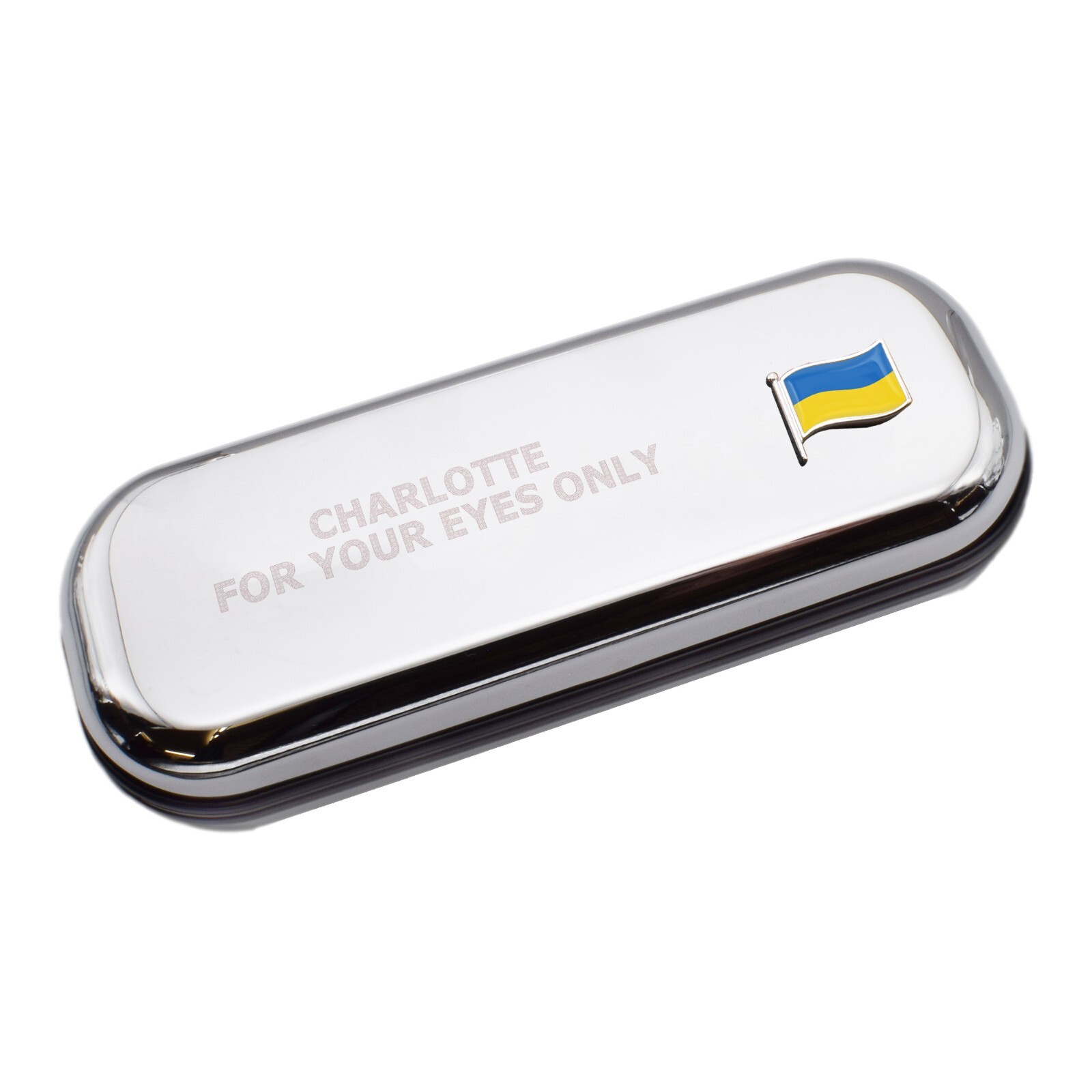 Ukraine Wave Flag & Engraved With Message Chromed Glasses Case Box
