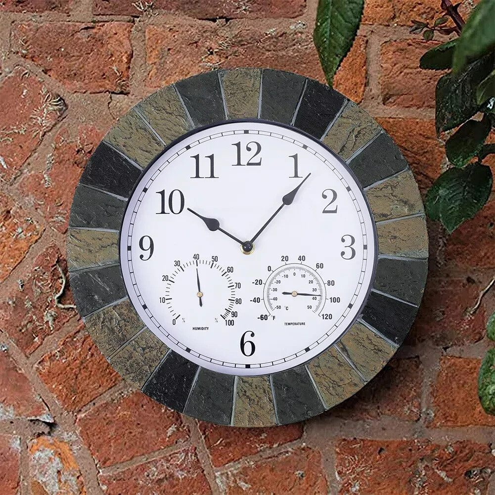 Outdoor Wall Clock Garden Stone Effect Battery Round Thermometer 35cm Indoor