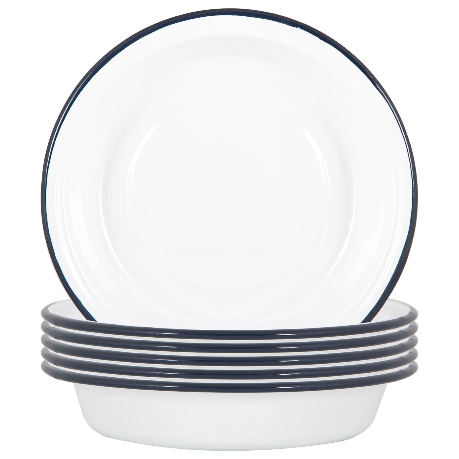 6x White Enamel Deep Bowls Metal Outdoor Camping Pie Oven Dishes 22.5cm Navy