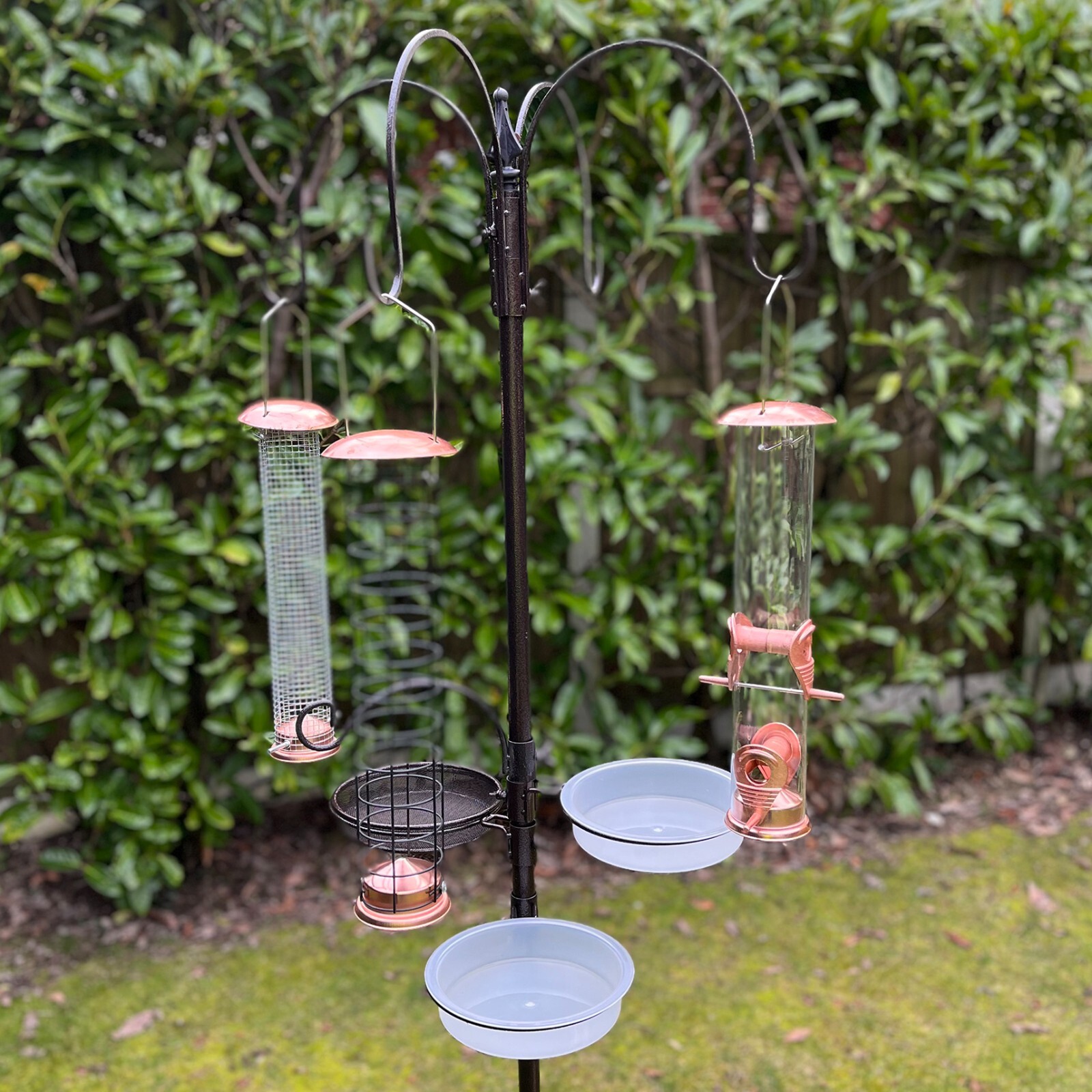 Metal Garden Bird Feeding Station with 3 Large Copper Feeders & Stabilizer Stand