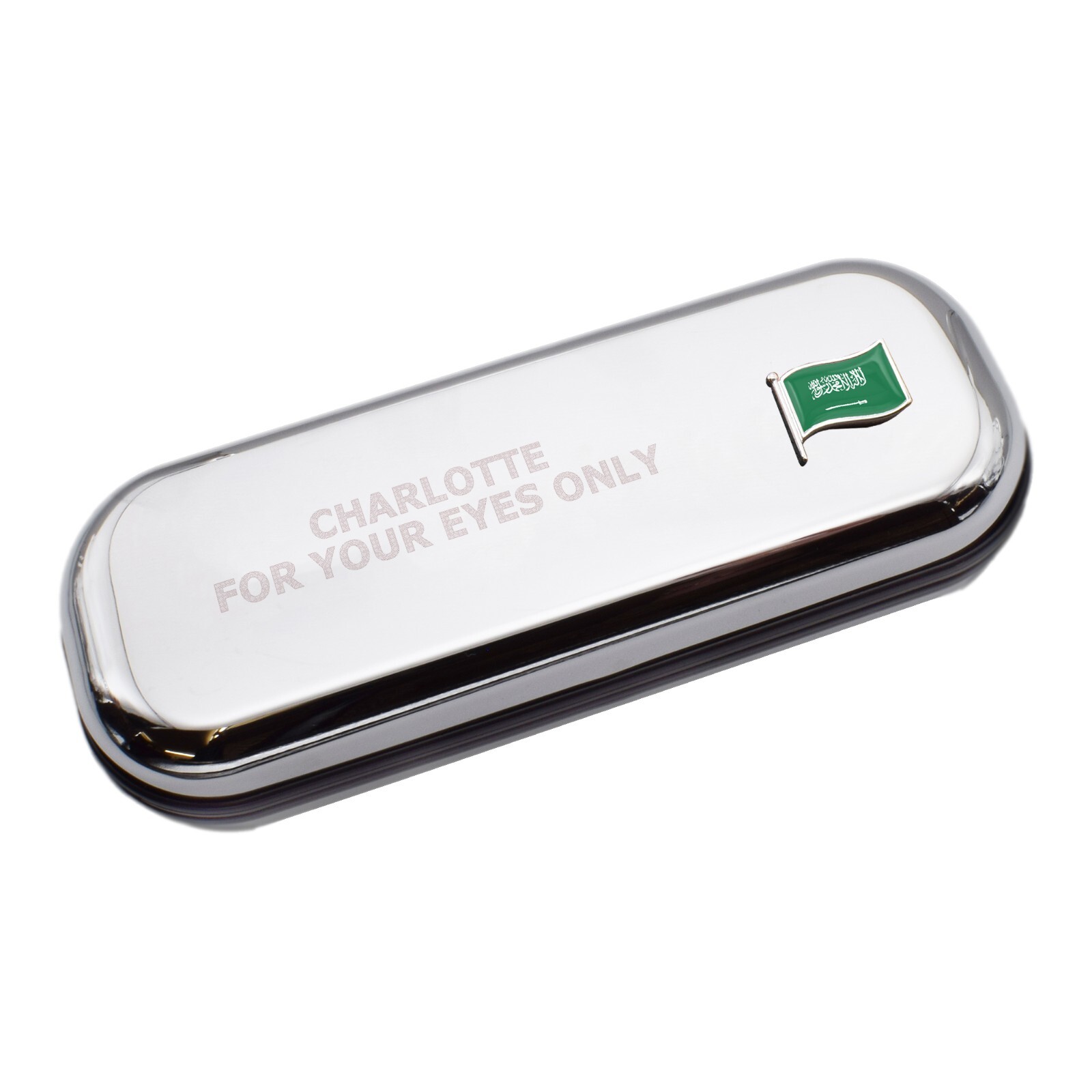 Saudi Arabia Wave Flag & Engraved With Message Chromed Glasses Case Box