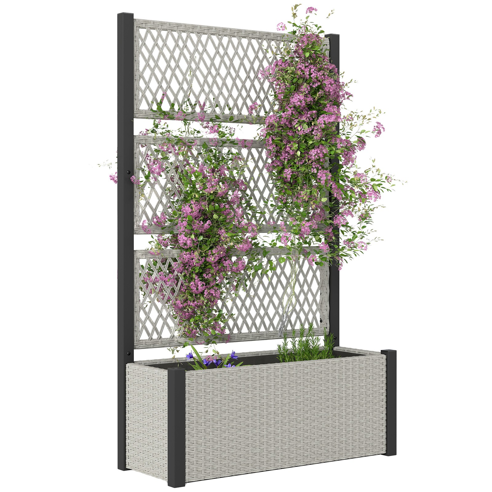 Outsunny Garden Planter Box with Trellis, Rattan Raised Bed, Mixed-grey