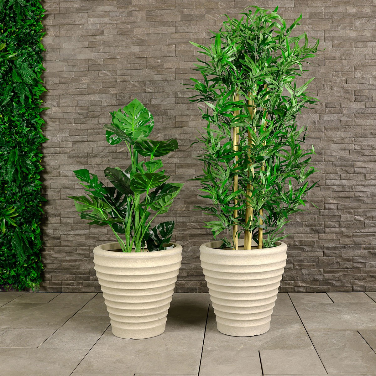 Charles Bentley Pair of Moroccan Round Stone Planters (Dia. 43cm) Plant Pots