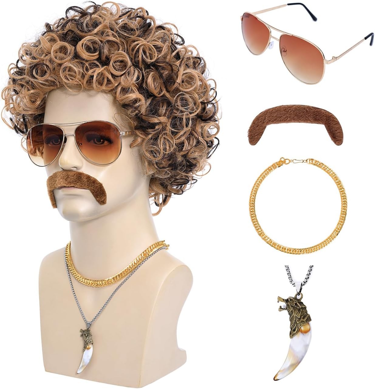 6pcs Set 70s 80s Disco wig with Mustache Glasses Artificial Wolf Necklace Golde