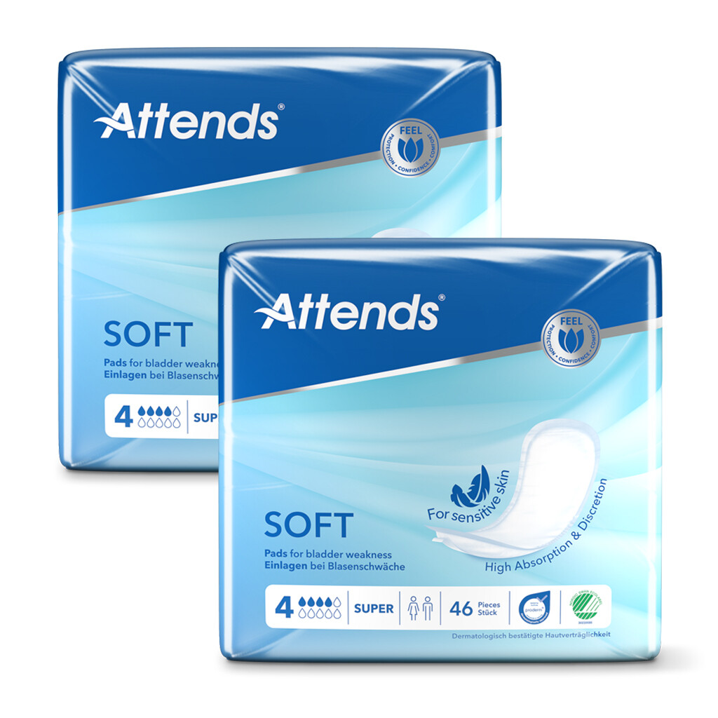 Attends Soft 4 Super Unisex Discreet Incontinence Pads - 2 Packs of 46 (92 pads)