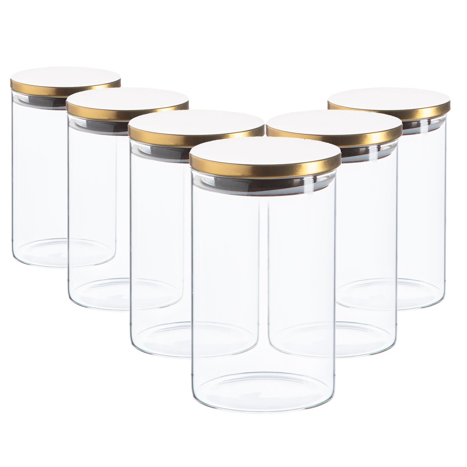 6x Glass Storage Jar with Metal Lids Modern Kitchen Food Storage 1 Litre Gold