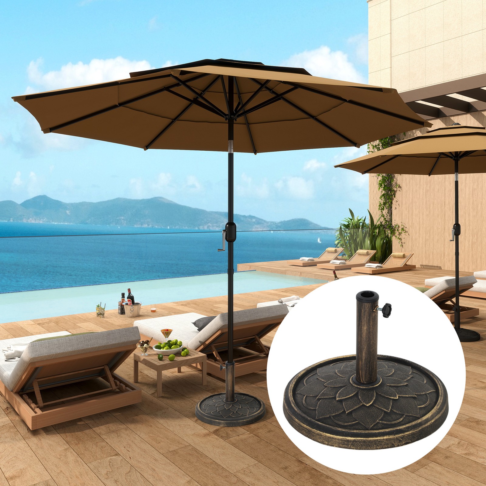 Parasol Base 12kg Sun Umbrella Base for 32, 38, 48 mm Poles, Bronze Tone