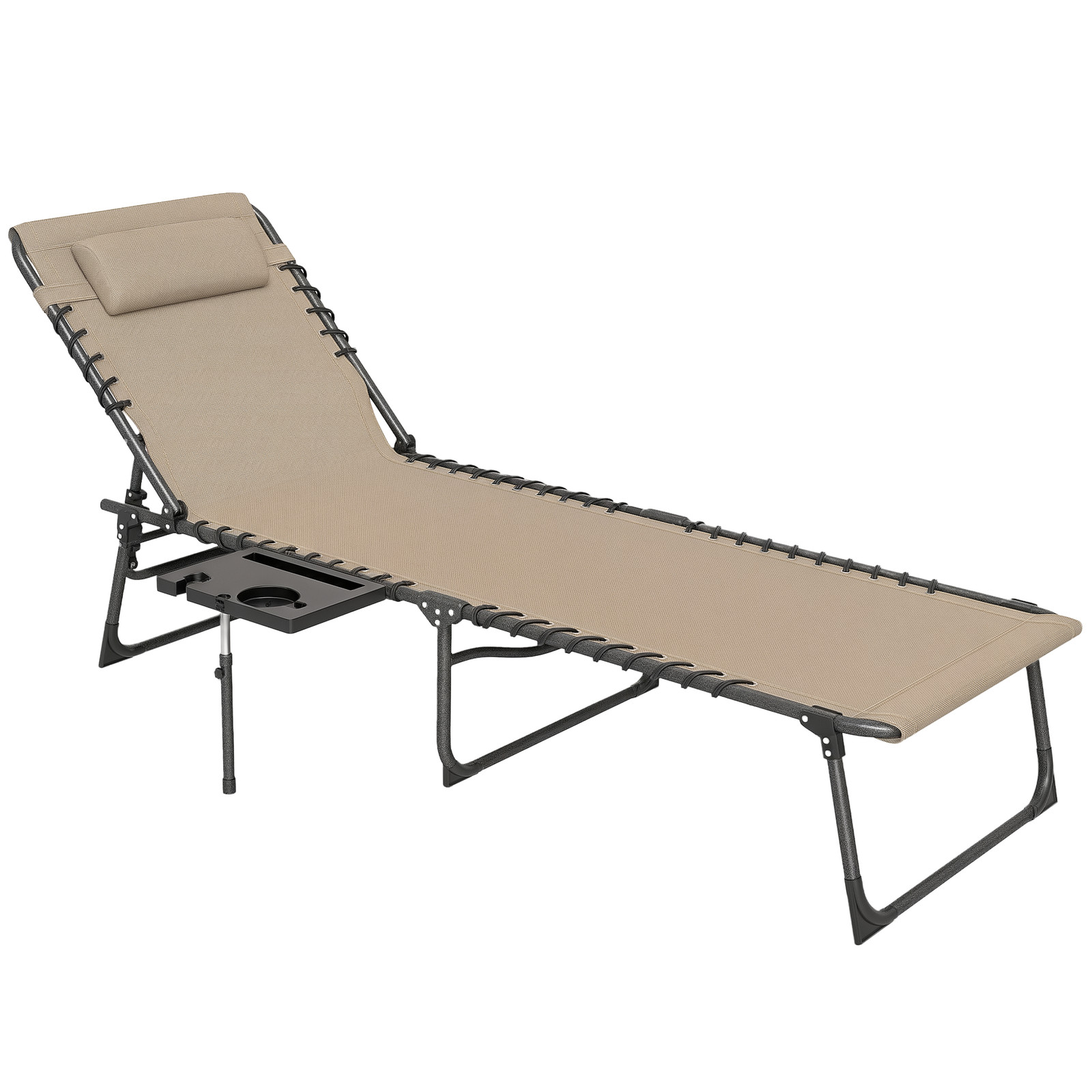 Outsunny Folding Sun Lounger with 5-Level Back, Cup Holder, Beige