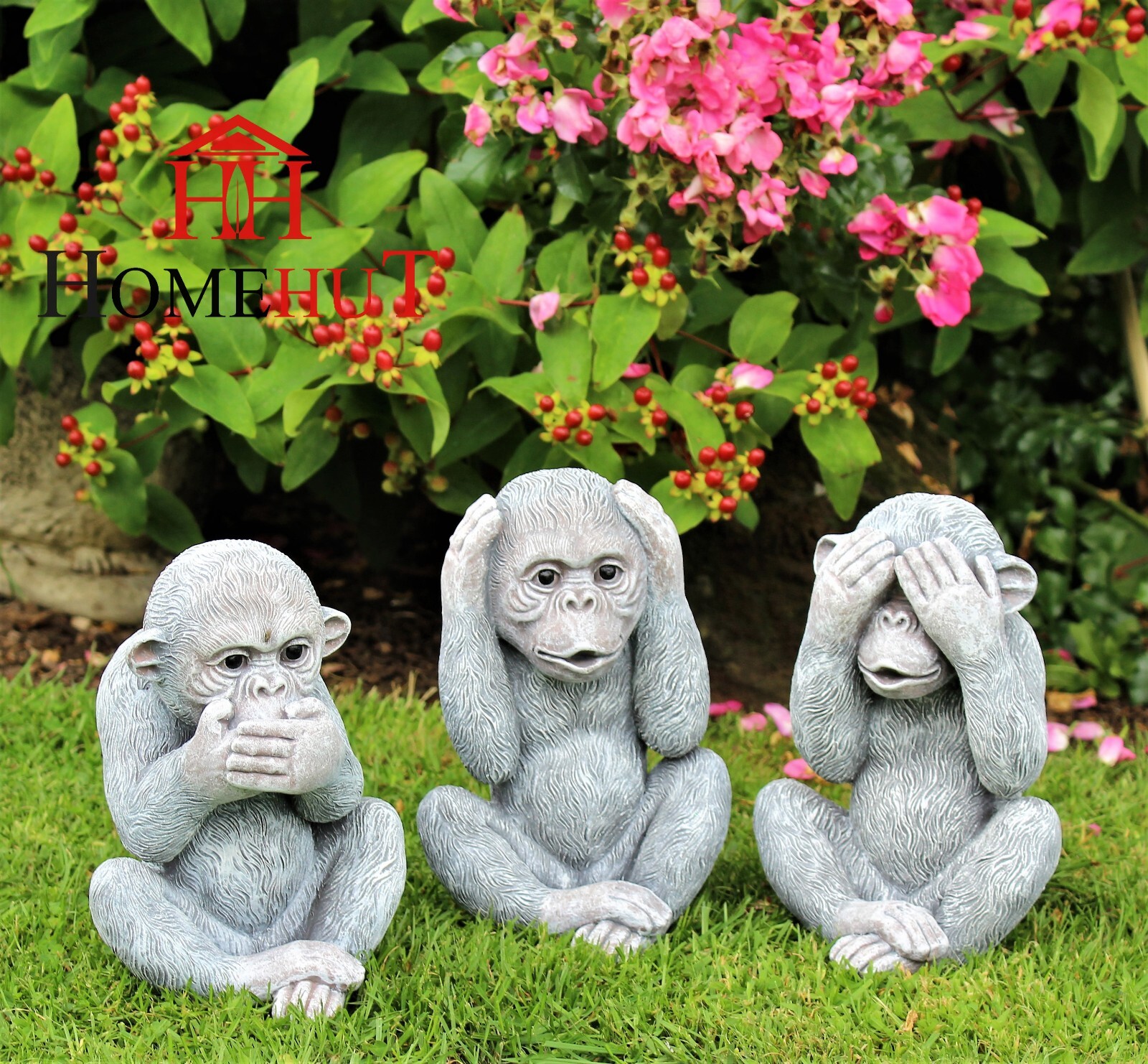 GARDEN ORNAMENTS 3 WISE MONKEYS SEE SPEAK HEAR NO EVIL OUTDOOR INDOOR 23cm