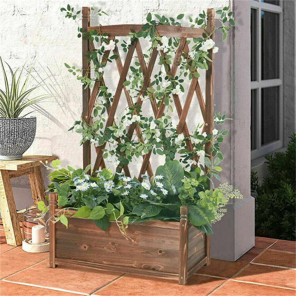 Indoor Outdoor Large Raised Bed Planter Box with Trellis Weather-Resistant Wood