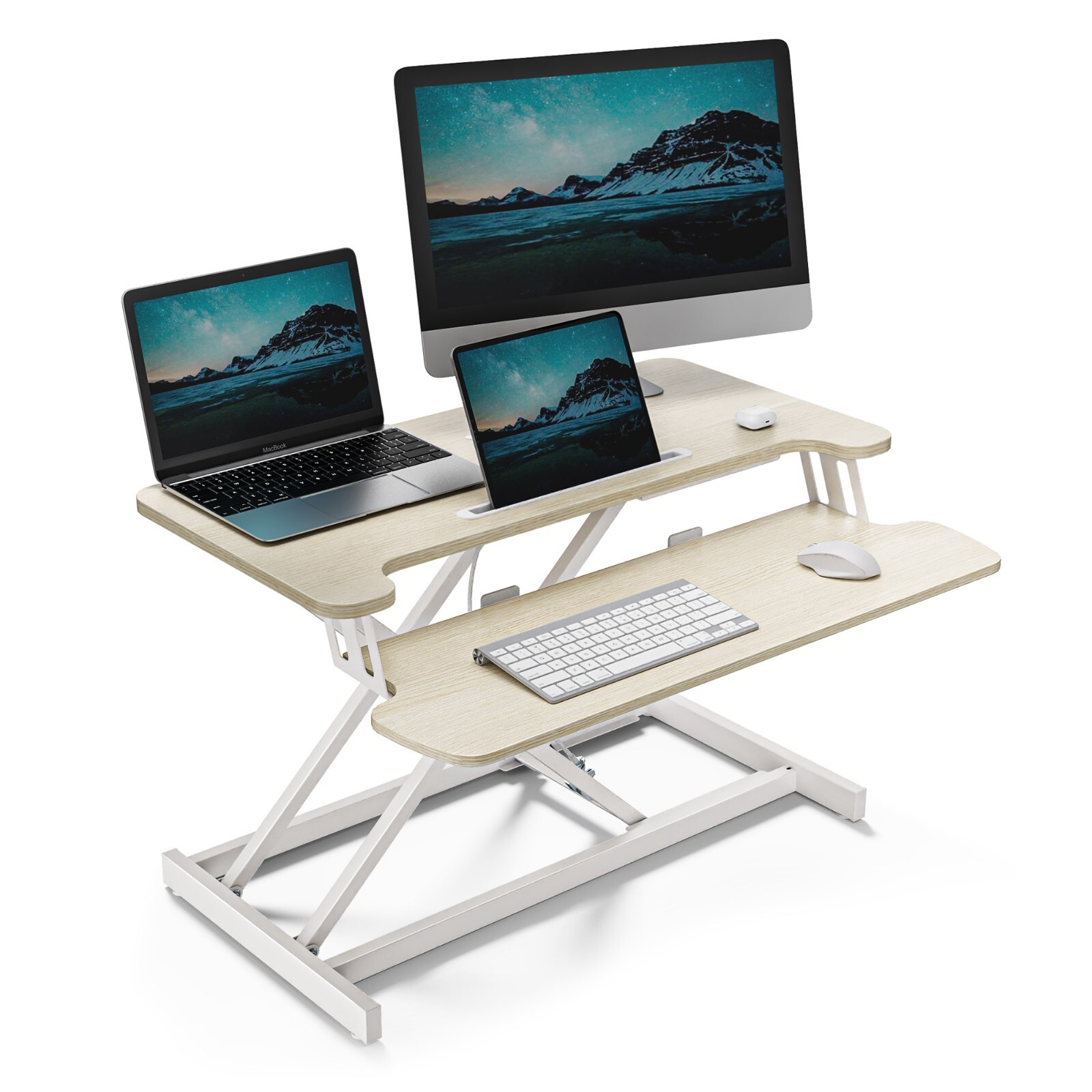 VonHaus Standing Desk Converter, Height Adjustable Light Wood Workstation