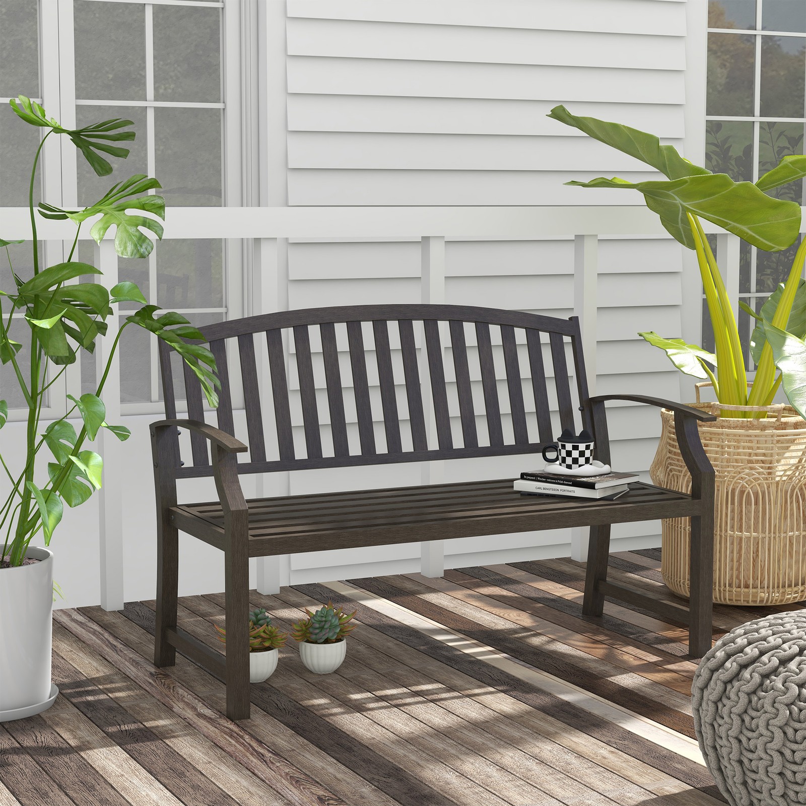 Garden Bench with Slatted Seat and Backrest, Curved Armrest, Brown
