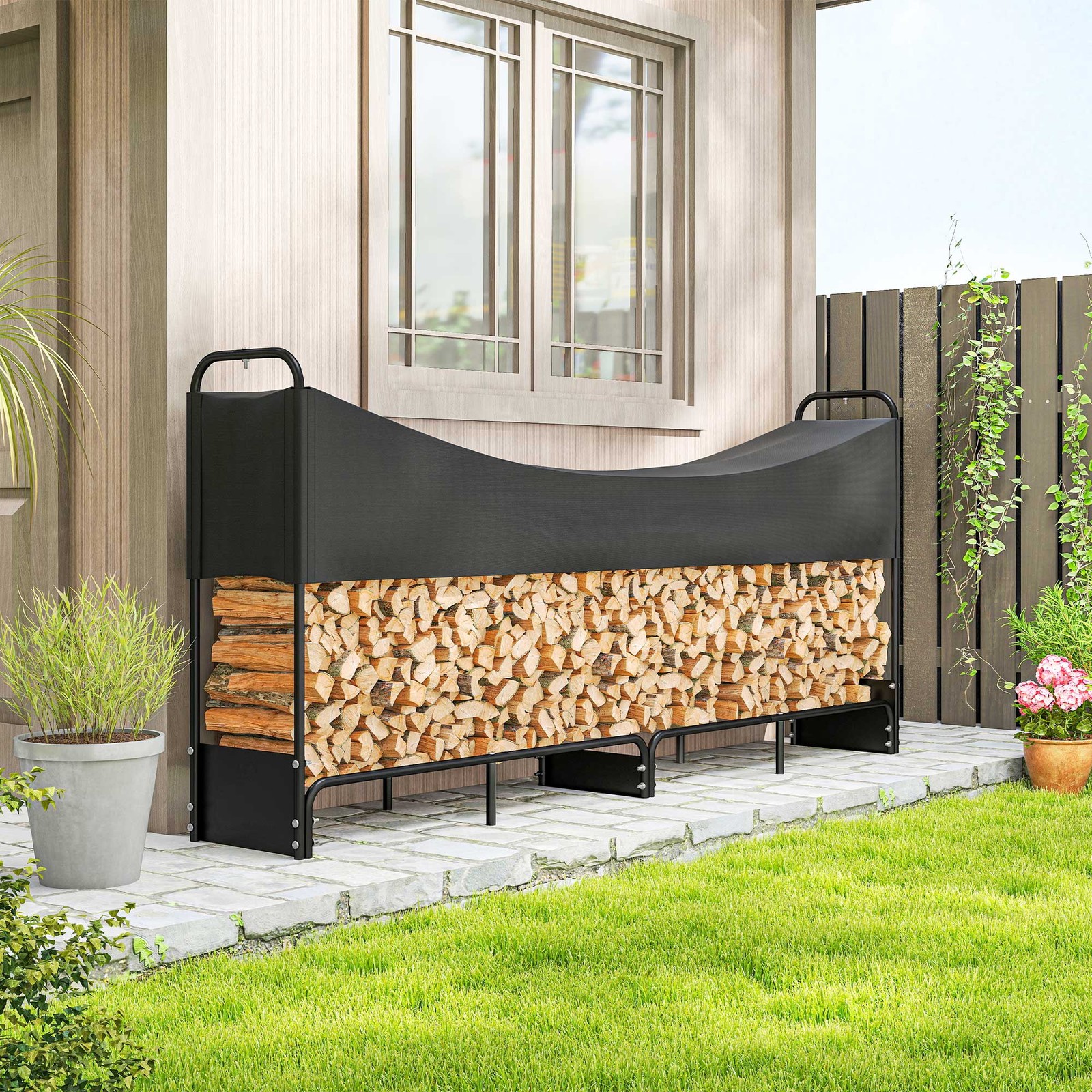 8.5ft Firewood Rack, Heavy Duty Log Storage Holder with Waterproof Cover
