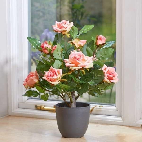 Artificial Rose Bush Tree Potted Plant Pink Faux Flowers Home Decor Garden Porch