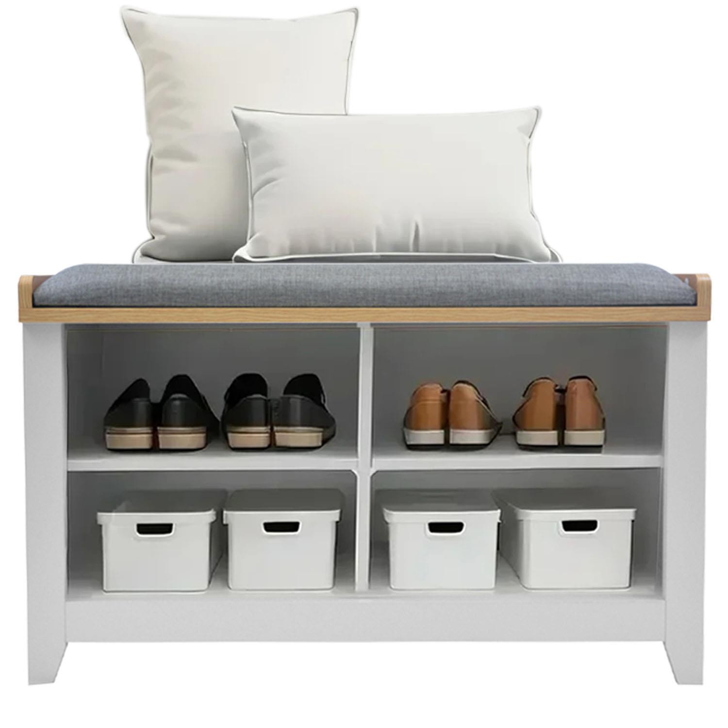 Hallway Shoe Storage Bench Grey with Padded Seat 4 Shelves Entryway Shoe Rack