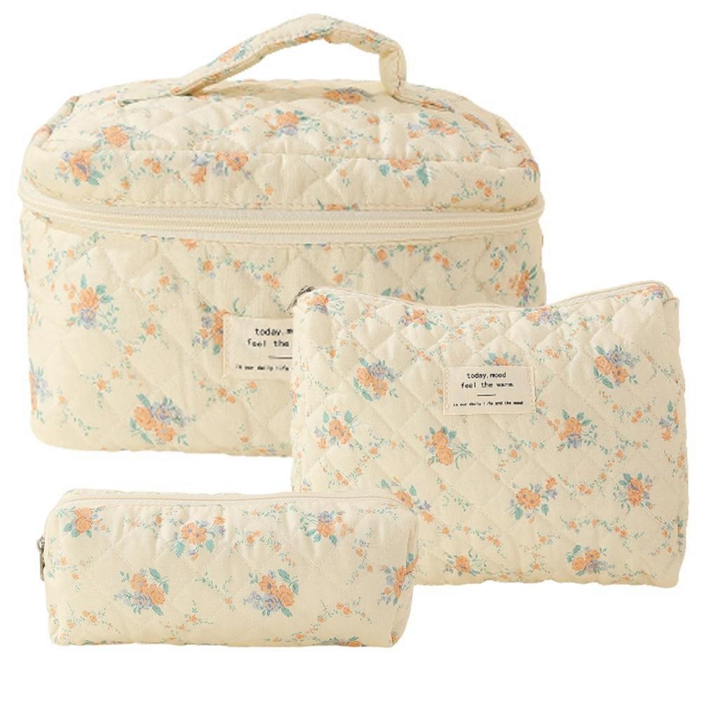 2X(Makeup Bag 3 Pcs Cotton Quilted Makeup Bag Aesthetic Floral Toiletry9816