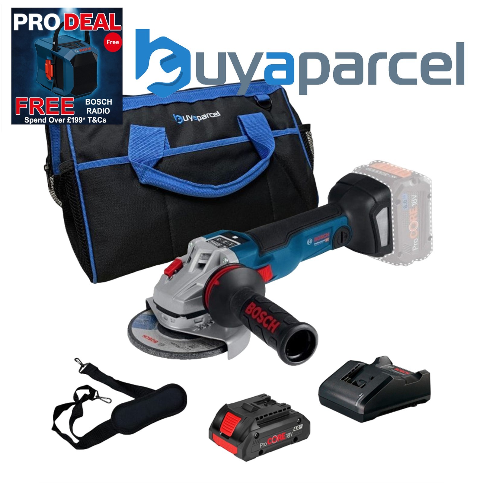 Bosch GWS V10 115mm Brushless Cordless 18v Angle Grinder + 4AH ProCore + 16" Bag