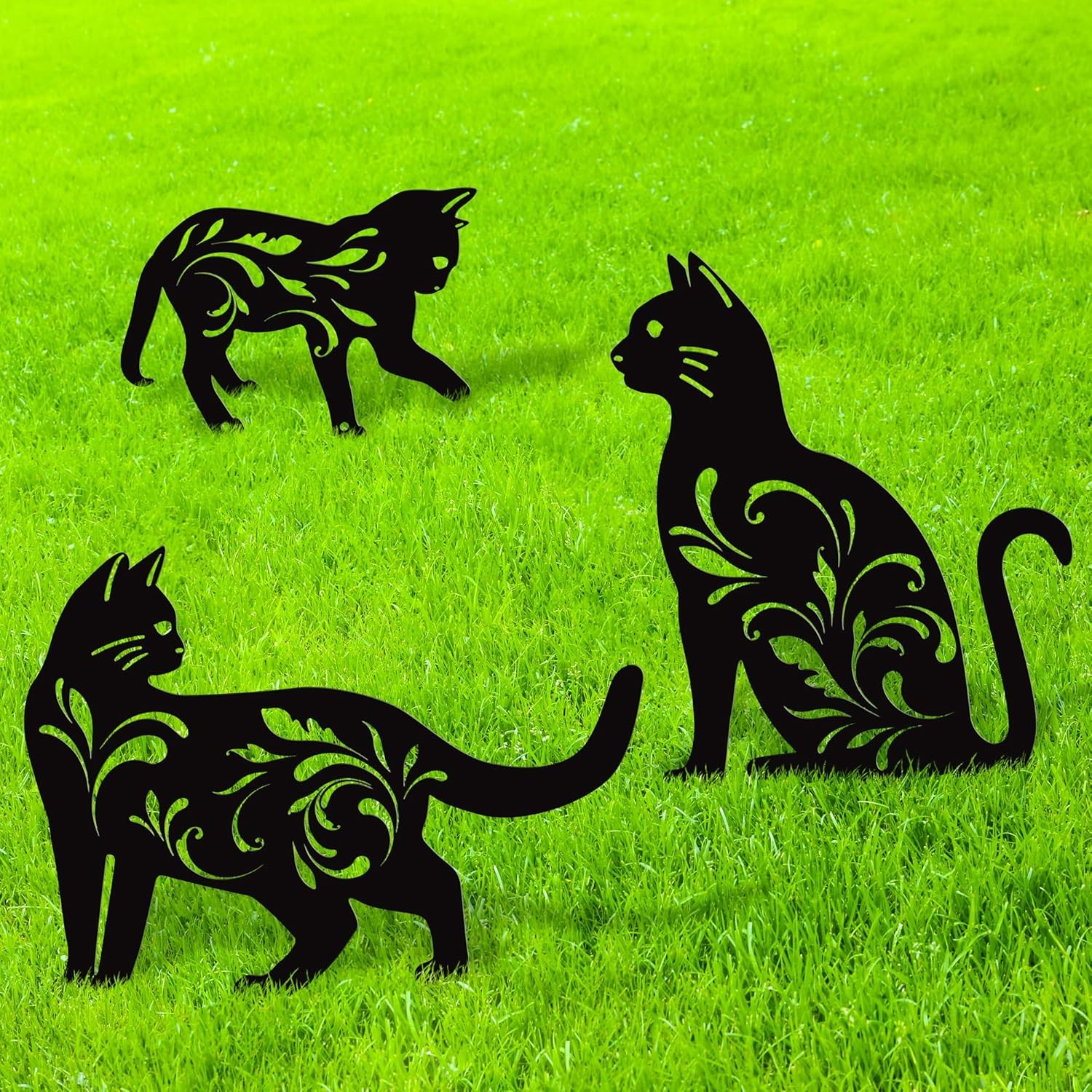 URATOT 3 Pack Metal Cat Garden Statues Black Cat Silhouette Cat Decorative Gard