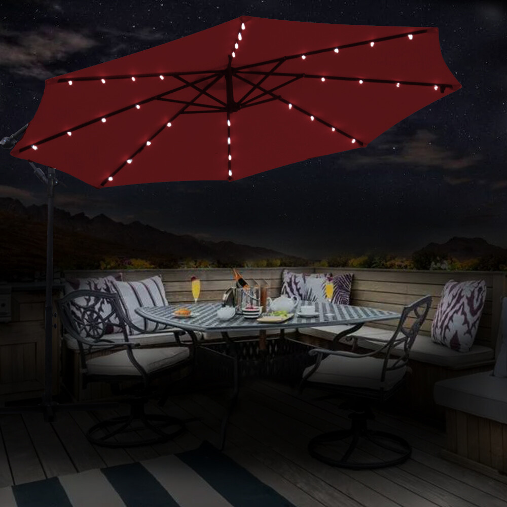 3M Garden Parasol LED Banana Hanging Umbrella Cantilever Sun Shade Wine Red