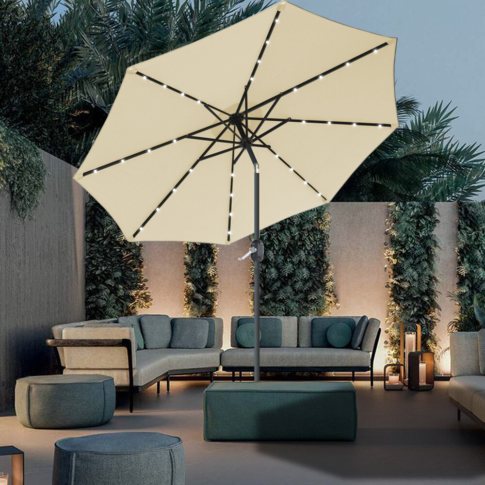2.7M Garden Parasol Sun Shade Patio Umbrella Tilt Crank Solar LED Lights Cream