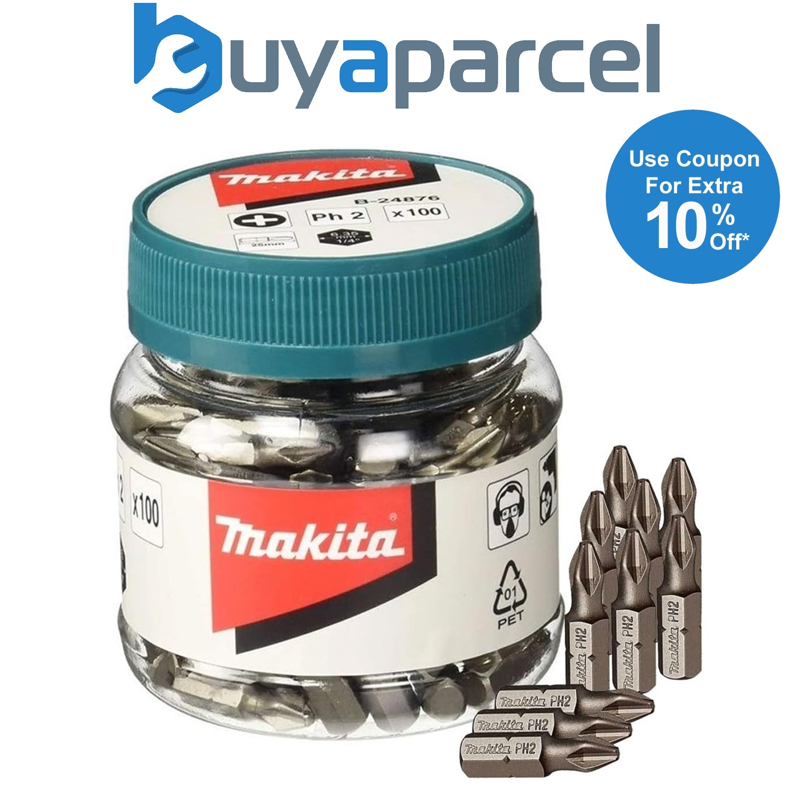Makita x 100 Philips No 2 25mm Hex Insert Bits In Candy Tub PH2 B-24876 100 PC