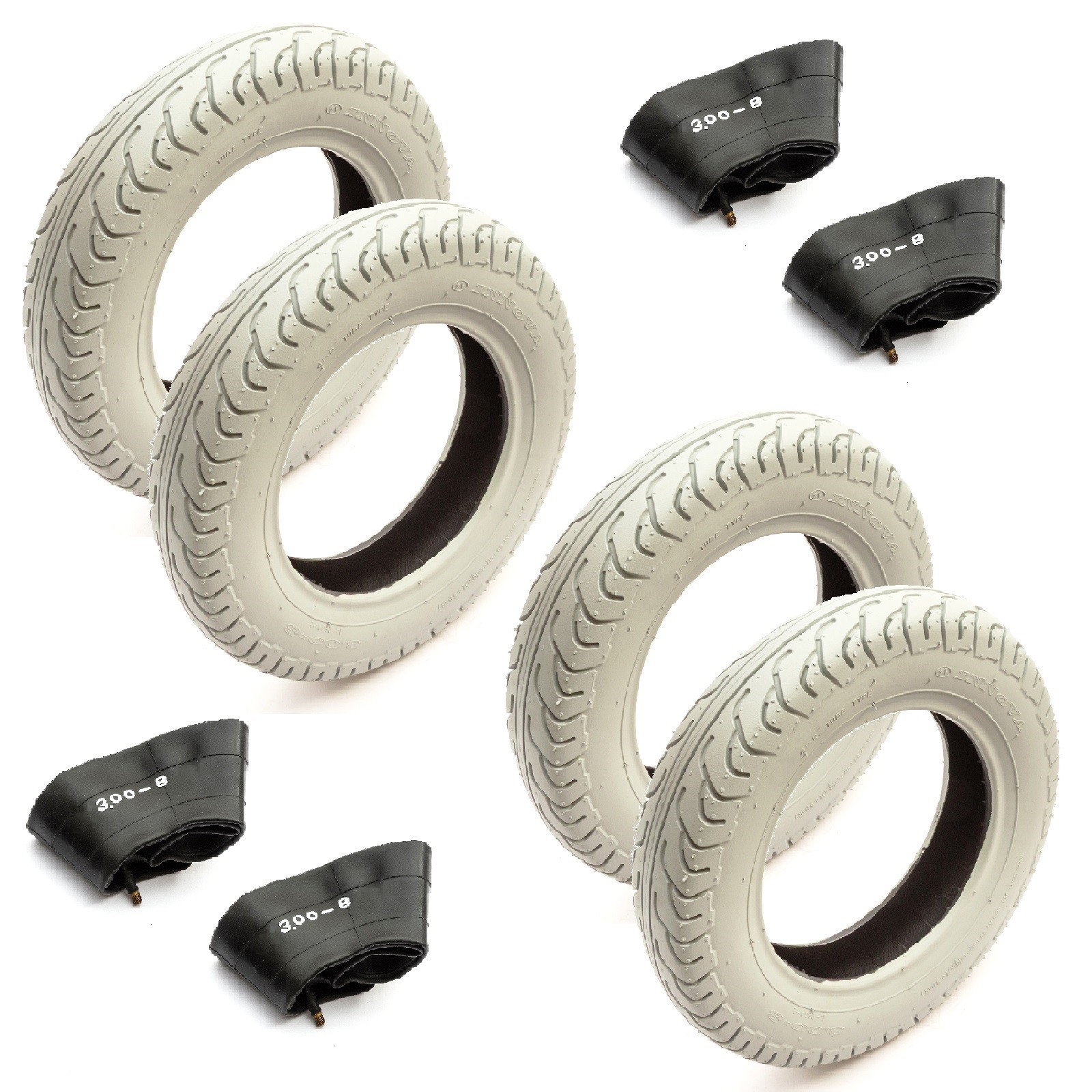 4x Tyre 3.00-8 & Straight Valve Inner Tube Set Road Tread Grey Mobility Scooter