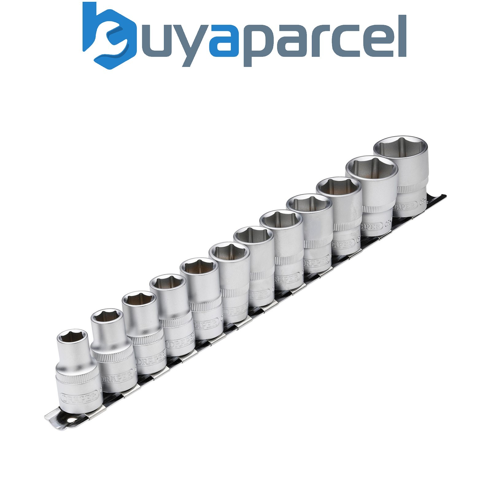 Draper 16402 Socket Set on Metal Rail, 1/2" Sq. Dr. (12 Piece)