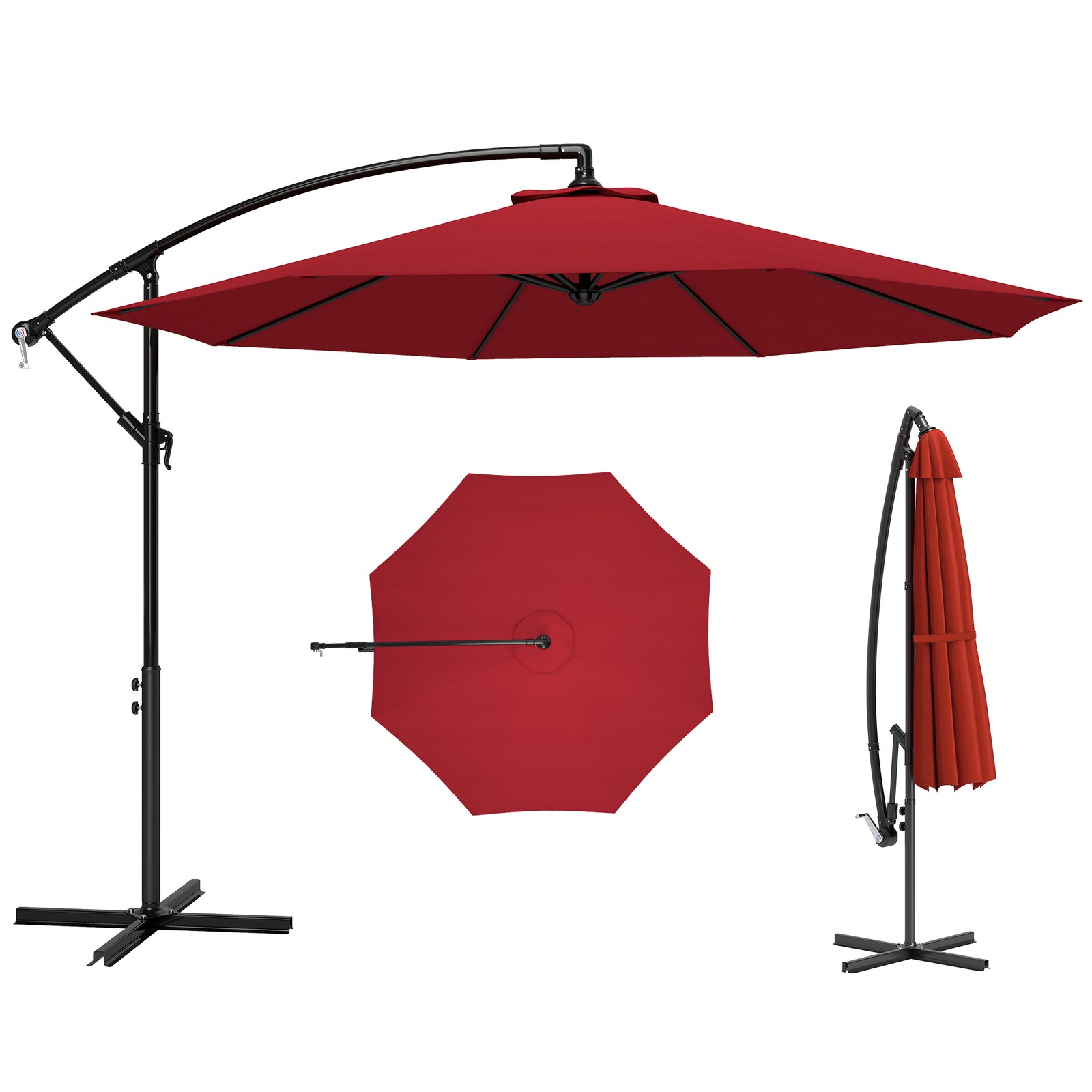Outsunny 3(m) Garden Banana Parasol Cantilever Umbrella w/Crank& Base, Wine Red