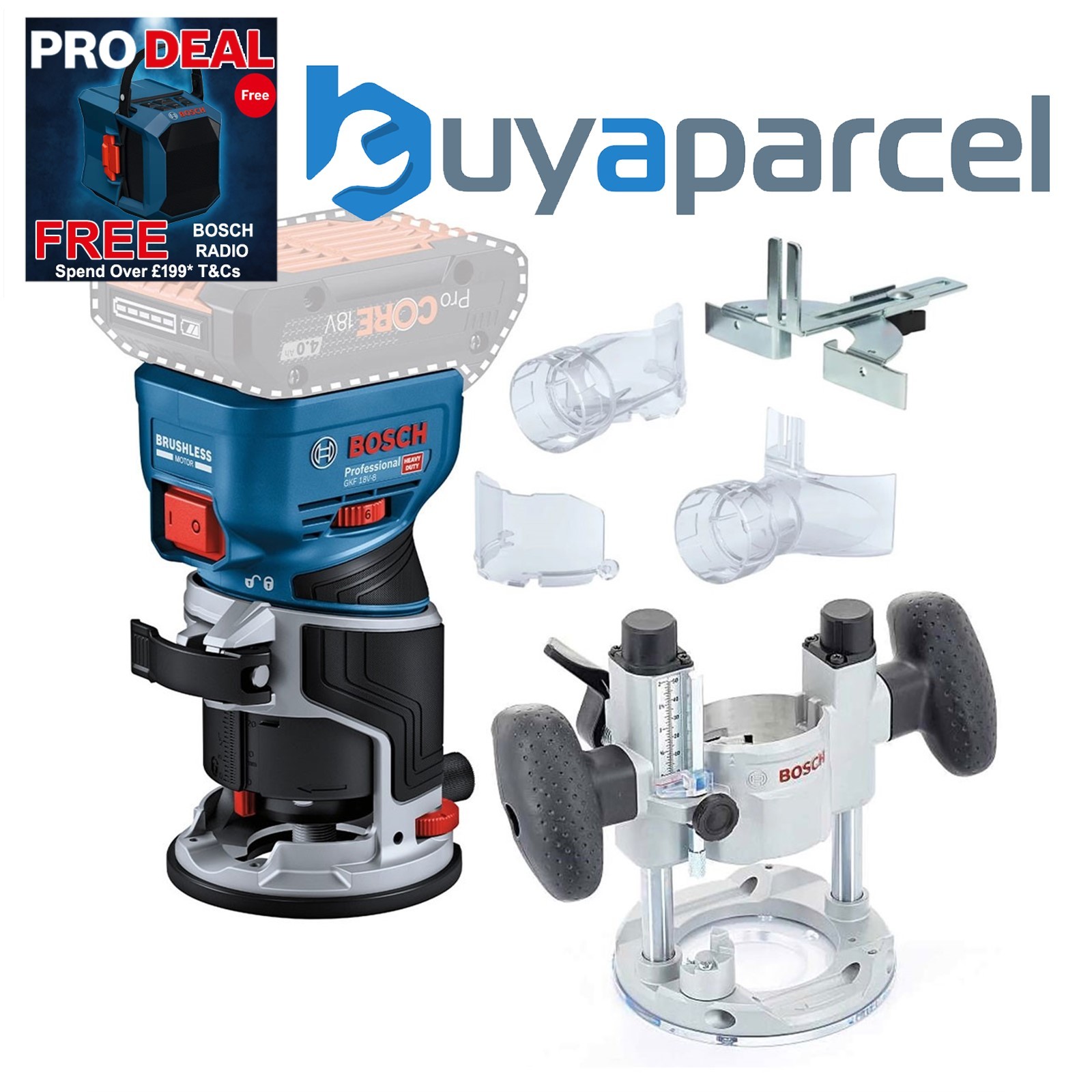 Bosch GKF 18V-8 18v Brushless Cordless Palm Router Trimmer Bare + Plunge Base