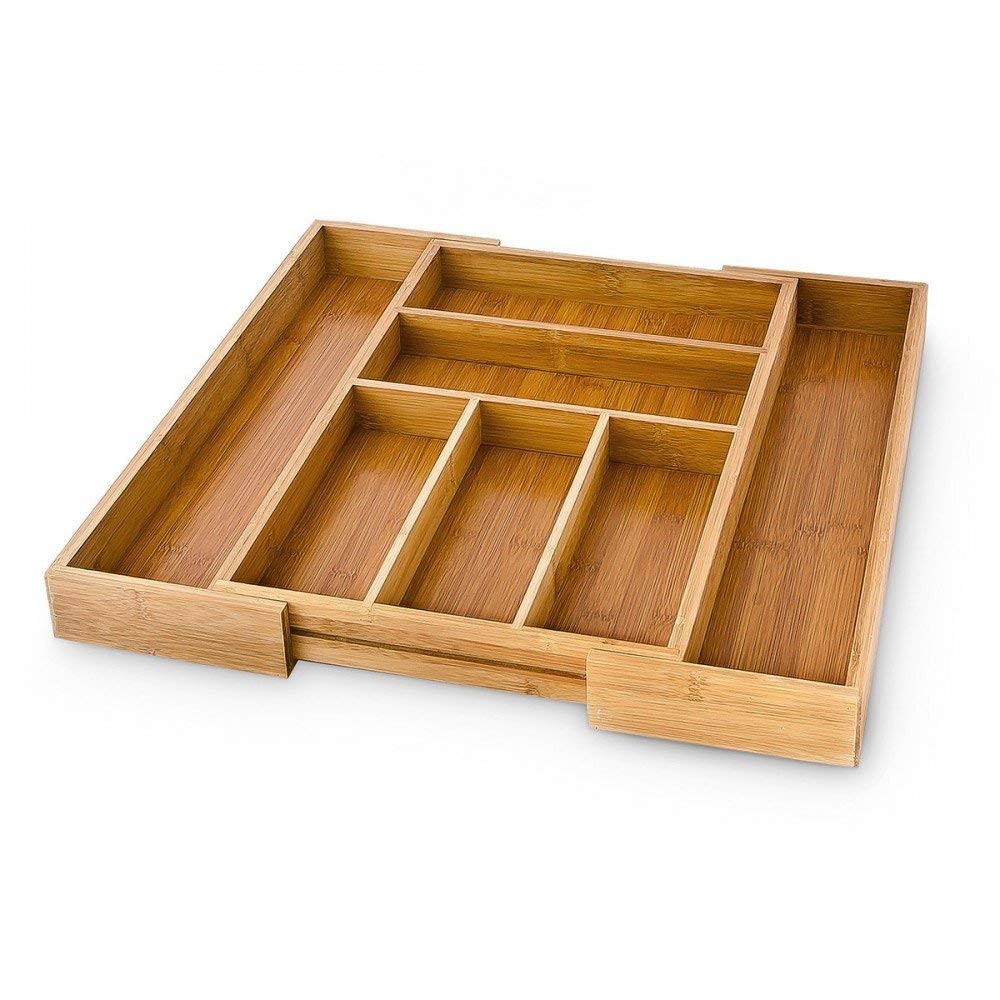 Relaxdays Bamboo Kitchen Drawer Organiser, Adjustable Width, Cutlery Tray, 30 to