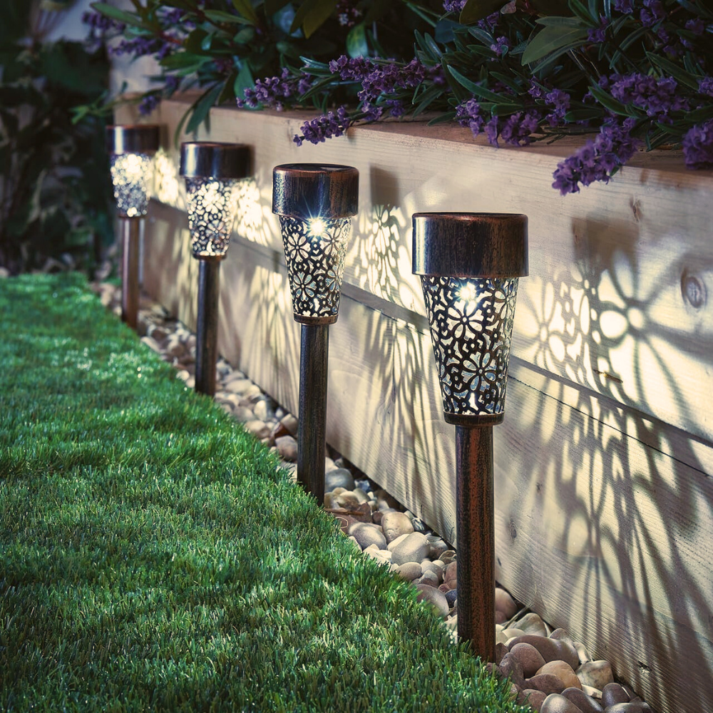 6pc Silhouette Stake Lights Bronze Effect Path Driveway Garden Damasque Lantern