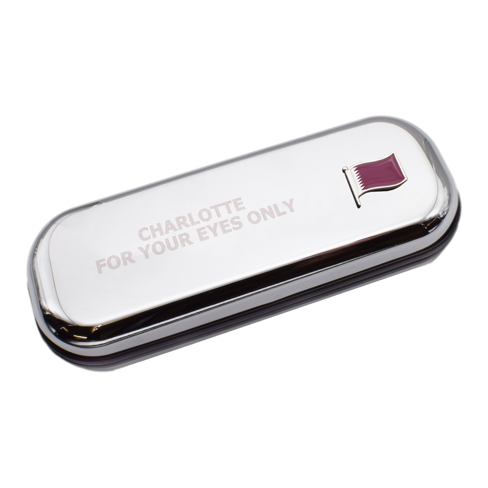 Qatar Wave Flag & Engraved With Message Chromed Glasses Case Box