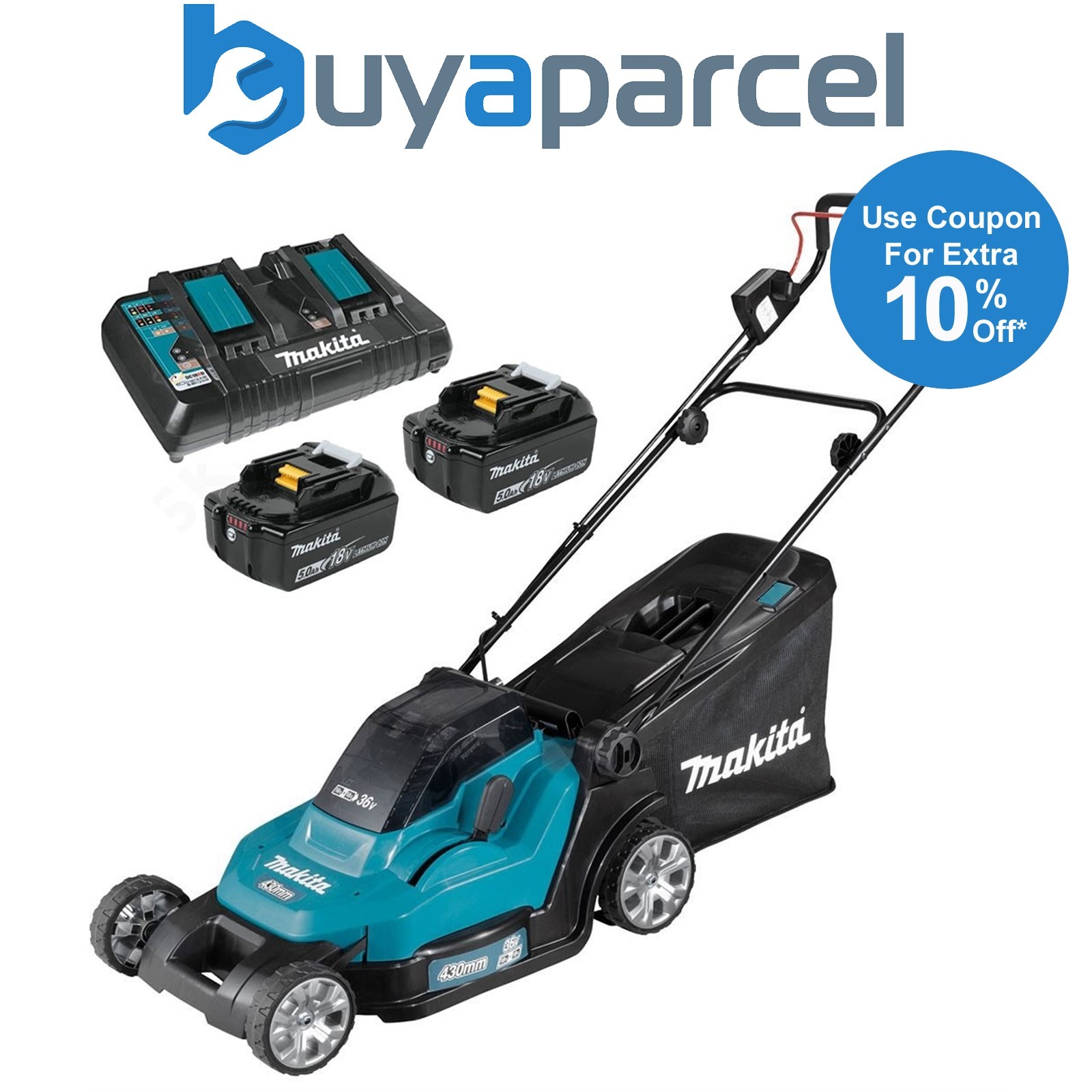 Makita DLM432PT2 Twin 18v / 36v LXT Cordless 43cm Lawn Mower Soft Start 2 x 5AH