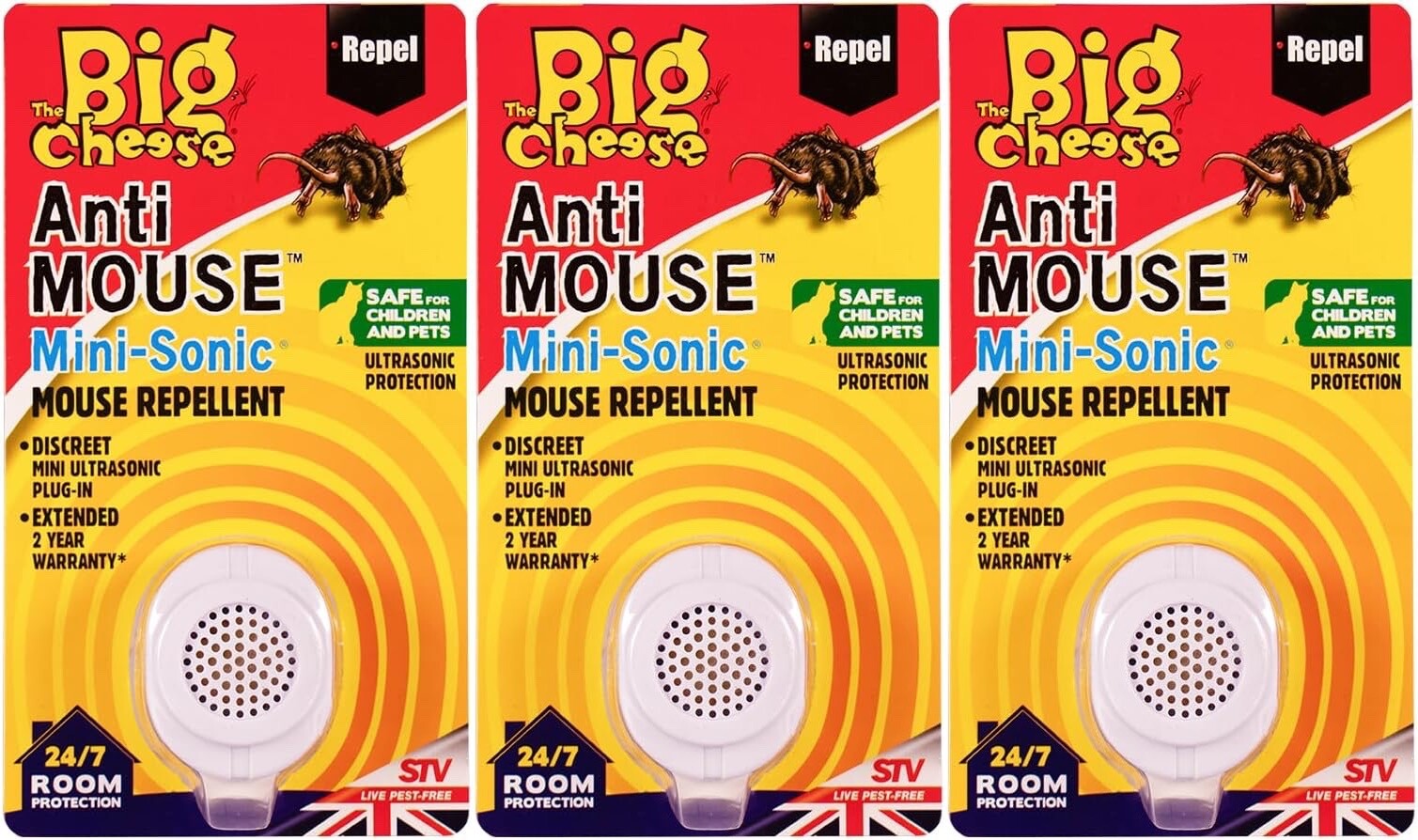 3x The Big Cheese STV Mice Rat Repeller Deterrent Mini-Sonic Ultrasonic Plug In