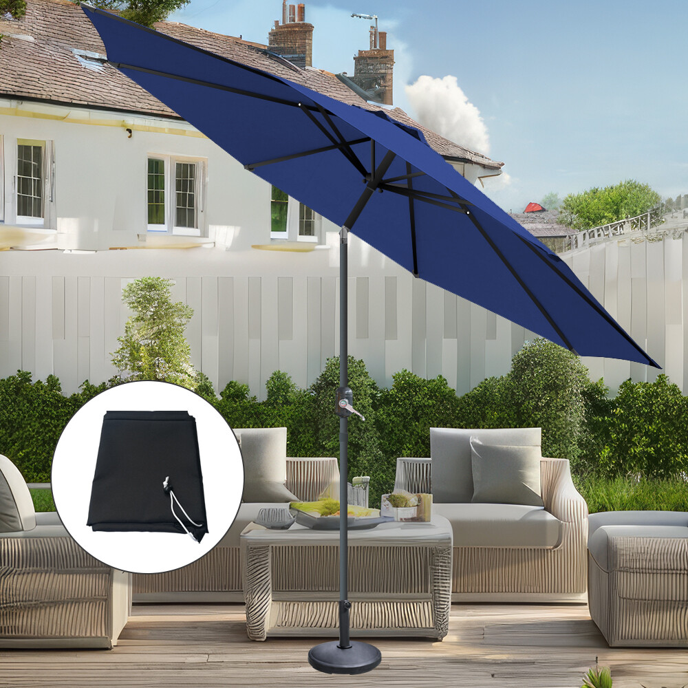 2.7M Outdoor Garden Parasol Blue Sun Shade Umbrella Crank Tilt with Base Cover